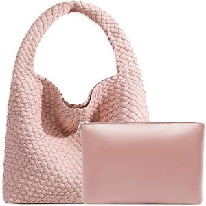Women Vegan Leather Woven Tote Handbag Pink Chic Retro Shoulder Bag for Women